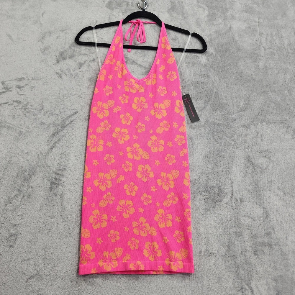 NEW No Boundaries Dress Juniors XS (1) Pink Floral Tropical Halter Bodycon Knit